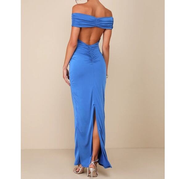 Lulus NWOT Brilliant Elegance Blue Off-the-Shoulder Backless Ruched Maxi Dress - Picture 7 of 11